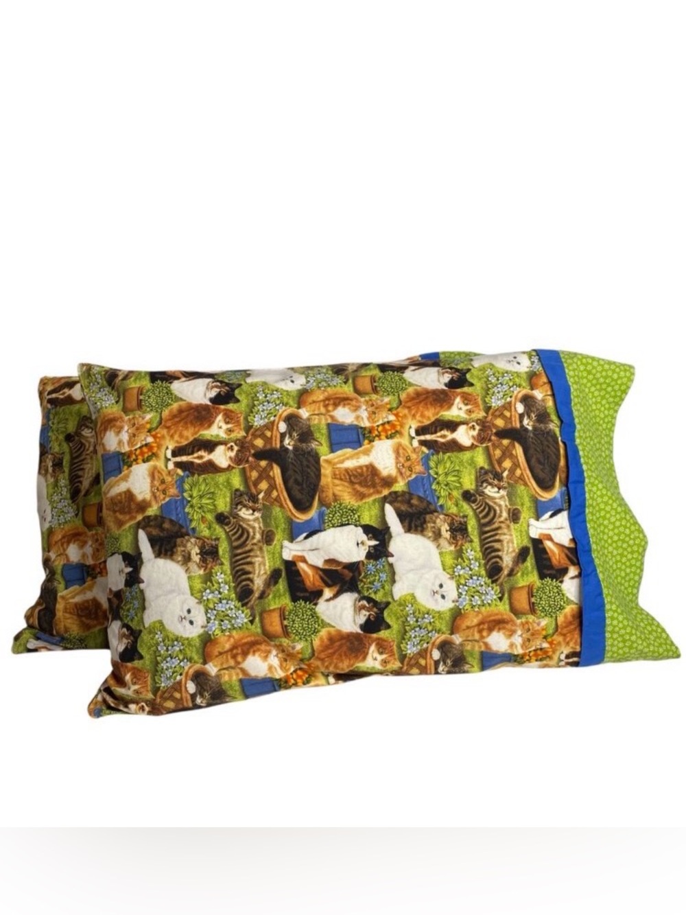 Handmade Cat Pillowcase Green Persian Tiger Tuxedo 19x29 S/Q Lot of 2 Farmhouse